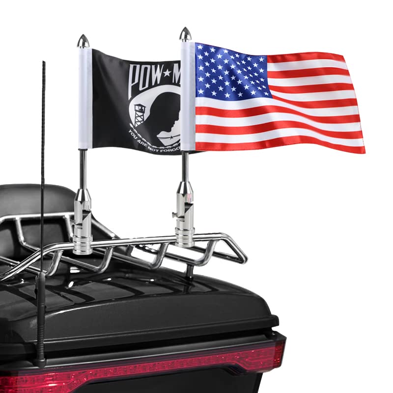 2 Pack Motorcycle Flag Pole Fold Down 90 With American Flag And Pow-Mia Flag 6.7'' X 10.2'' Flag Pole Holder Bracket Fit For 1/2